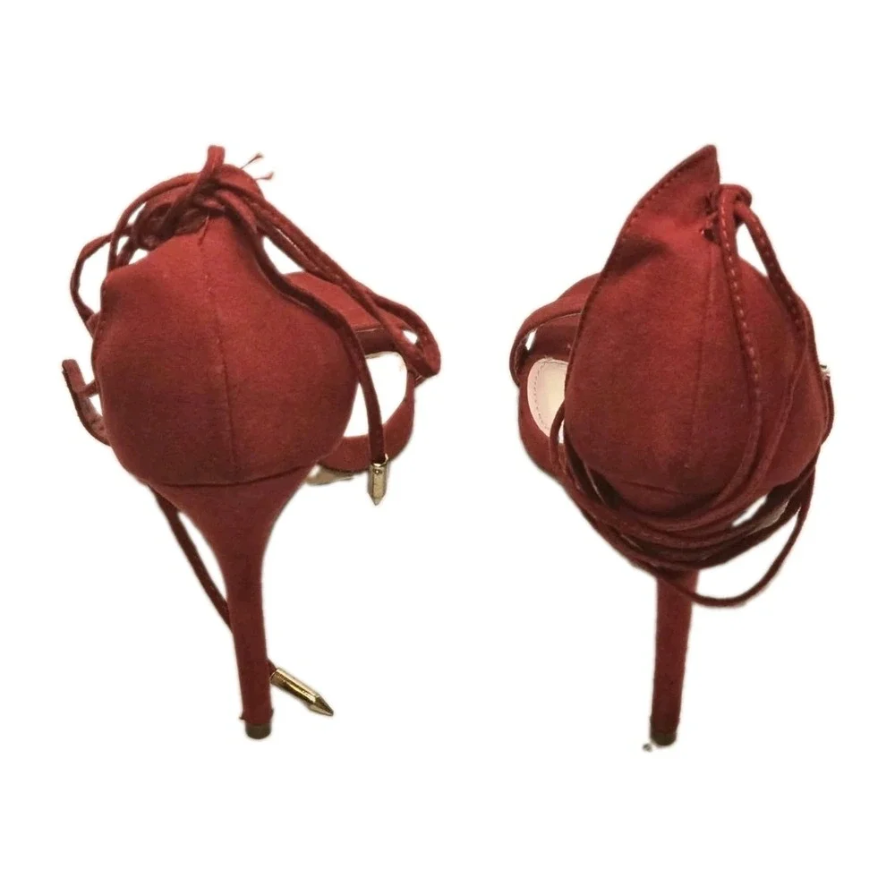 Lulus Red Lace Up Heels Size 8.5 Strappy Stiletto Sandals Faux Suede Women's